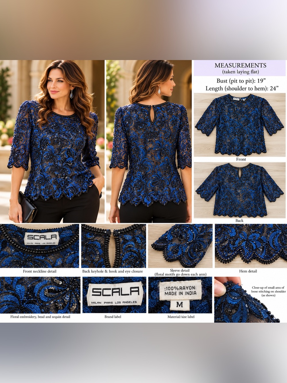 SCALA Vintage Beaded Sequin Lace Top Blue Black Floral Size M